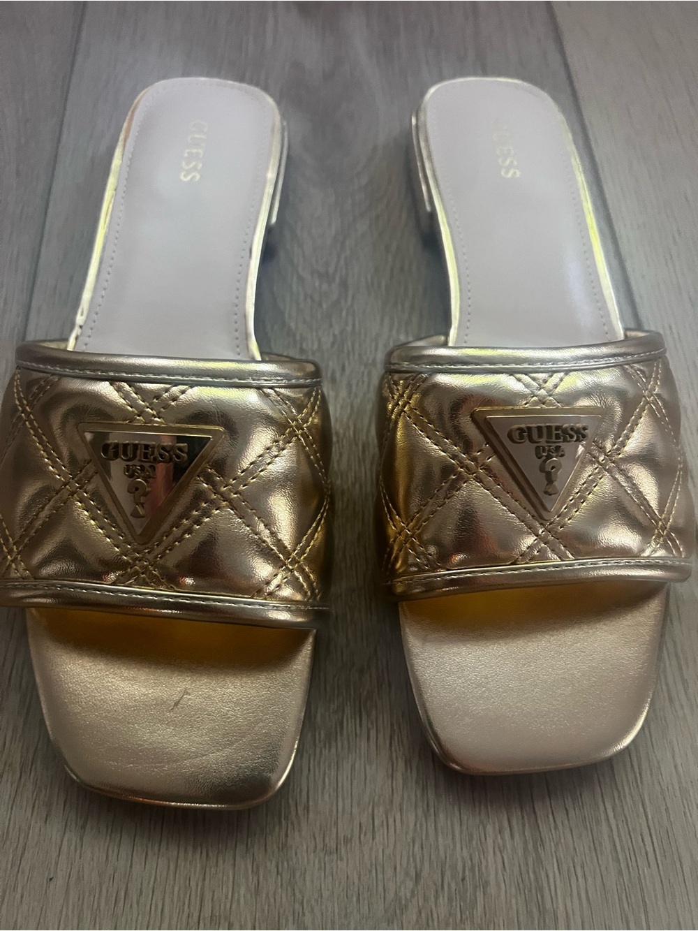 Guess Metallic Gold Quilted Slide Sandals